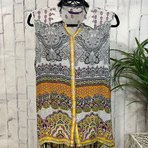 Srishti Indie Shirt Bohemian Button-Up Sleeveless Collared High-Low Gauzy Rayon
